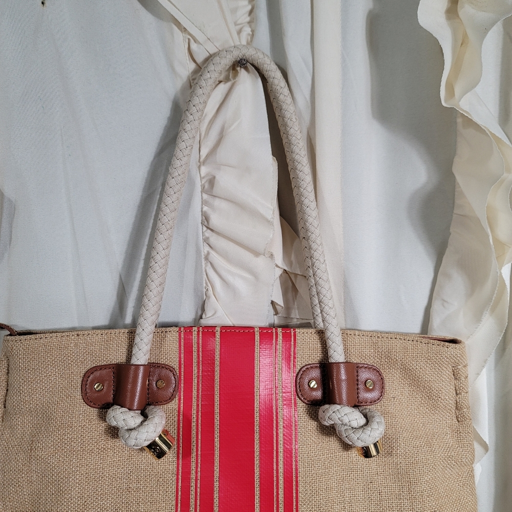 Tory Burch Stripe Shopper Natural/Red Volcano Burlap Tote *RARE* - Picture 10 of 13